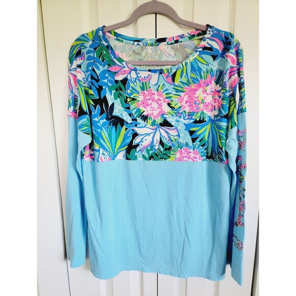 Lilly‎ Pulitzer L Finn Top Long Sleeve Seasalt Blue Fruity Flamingo Size Lg NEW - Picture 1 of 6